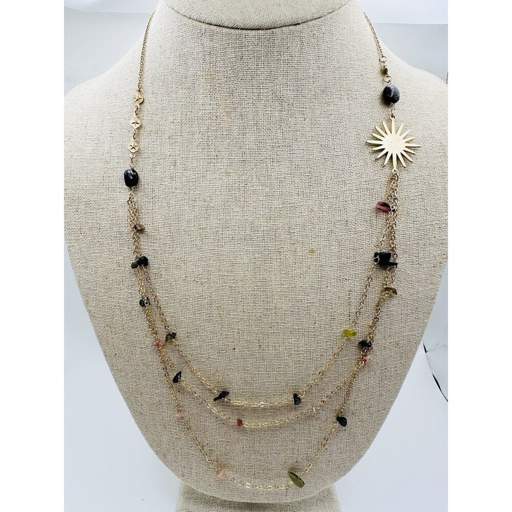 Multi Layered Necklace Natural Tourmaline Gold Tone 23”